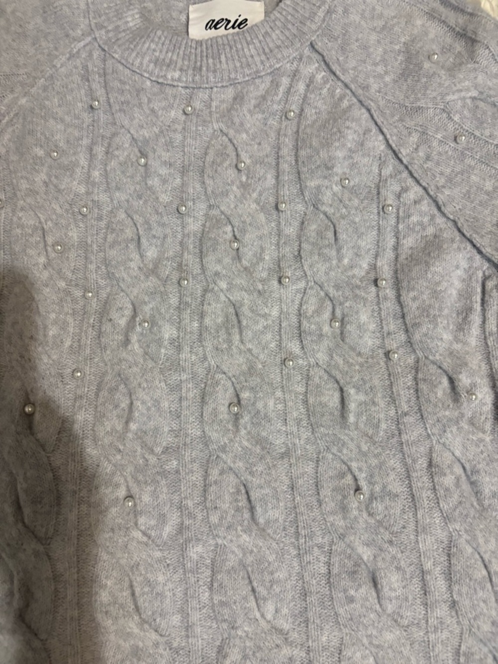 aerie unReal Light Gray Pearl-Embellished Cable Crewneck Sweater - Picture 4 of 12